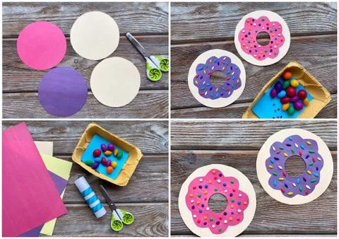 Collage children's creativity, step by step, how to make a donut Stock Photos