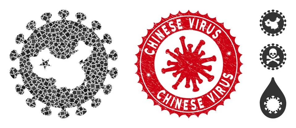 Collage Chinese Virus Icon of Bumpy Parts with Coronavirus Textured Chinese Stock Illustration