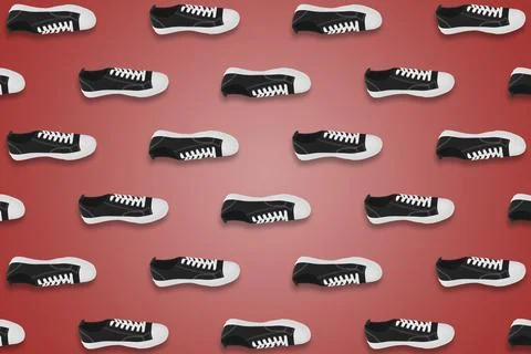 Collage of classic old school black sneakers on red background イラスト素材