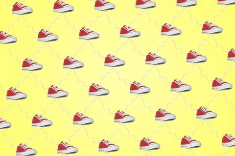 Collage of classic old school red sneakers on yellow background イラスト素材