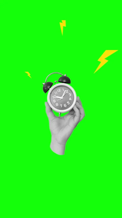 Collage with classic ringing alarm clock in a hand. Animation on a green screen Stock Footage 331438243