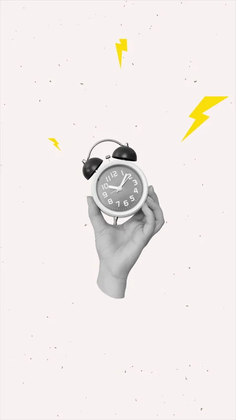 Collage with classic ringing alarm clock in a hand. Vertical 2D animation Stock Footage 331438245