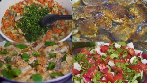 Collage close up process of preparing a salad of fresh vegetables, the process o Stock Footage 108161158