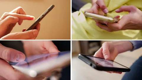 Collage of closeups using smart phones typing and sliding in messengers and soci Stock Footage 194536081
