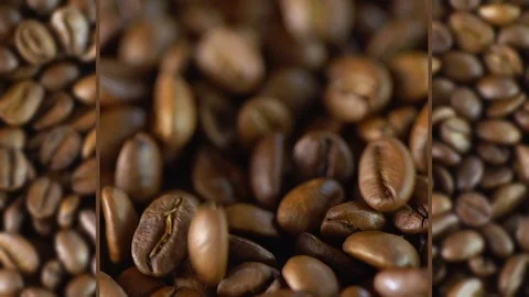 Collage of coffee beans.Coffee beans are falling. Macro. Rotation. Stock Footage 121223761