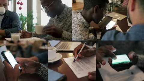 Collage of colleagues discussing project, making notes outside Stock-Footage 106752999