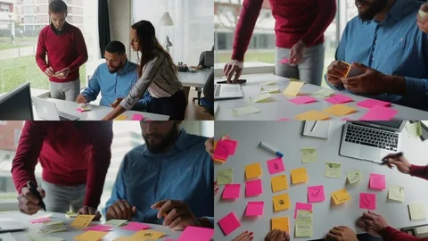 Collage of colleagues working on project, putting stickers Stock Footage 105435826