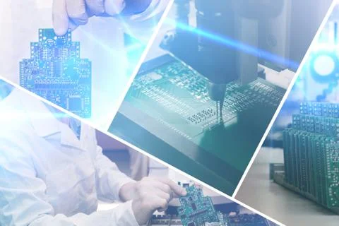 Collage of computer boards with visual effects in a futuristic style. The Stock Photos