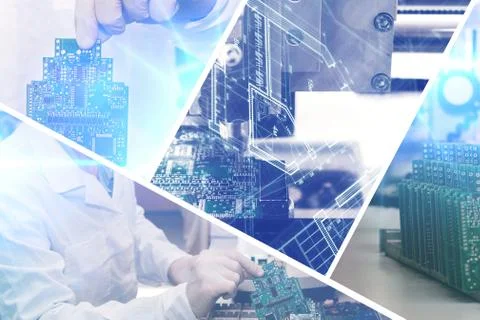 Collage of computer boards with visual effects in a futuristic style. The Stock Photos