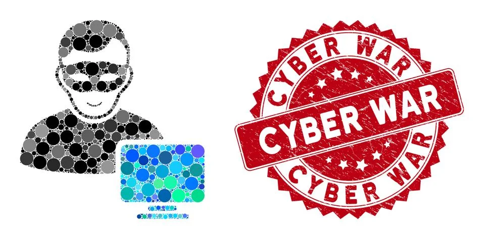 Collage Computer Hacker with Textured Cyber War Stamp Stock Illustration
