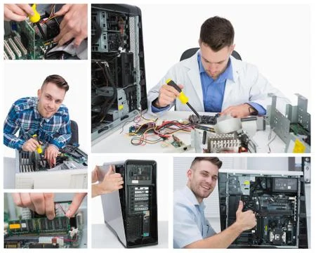 Collage of computer technician at work Stock Photos