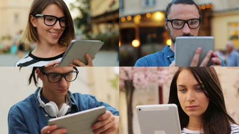 Collage on concentrated different young Caucasian people using tablet outdoors Video stock 130353000