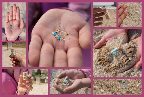 A collage with the concept of microplastic pollution. 스톡 사진