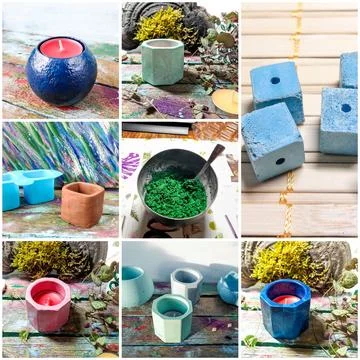 Collage with concrete candlesticks Stock Photos