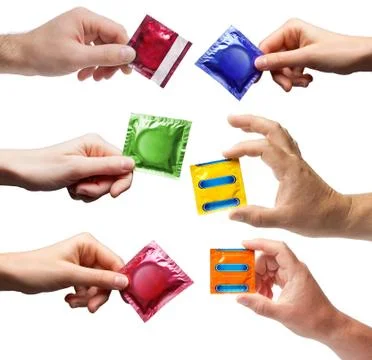 Collage Condom in hand isolated Stock Photos