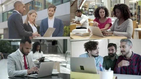 Collage of confident corporate workers working with laptop Stock Footage 132942367