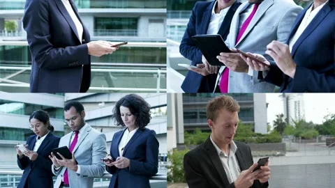 Collage of confident top managers using smartphone Stock Footage 132944794