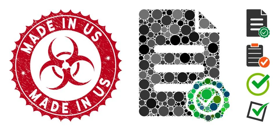 Collage Confirmation Document Icon with Textured Made in Us Seal Stock Illustration