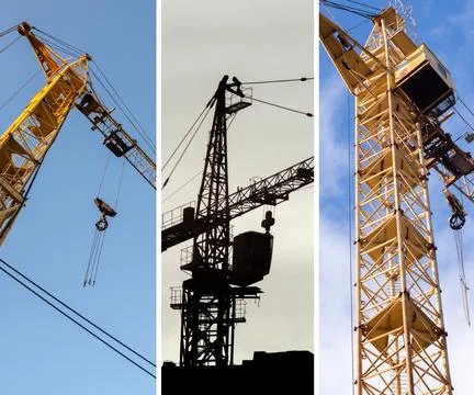 Collage of construction of building crane. Construction site background Fotos de archivo