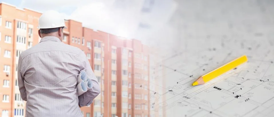 Collage with construction plans and an engineer examining blueprints Фото