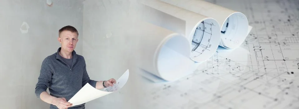Collage with construction plans and an engineer holding blueprints Stock Photos