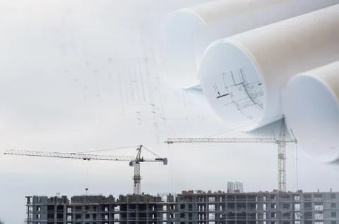 Collage with construction plans, cranes Фото