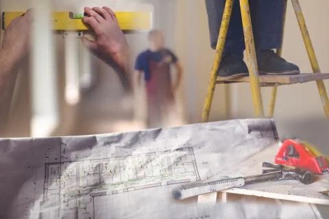 Collage of construction site with architectural  plan with details, marked b Stock Photos