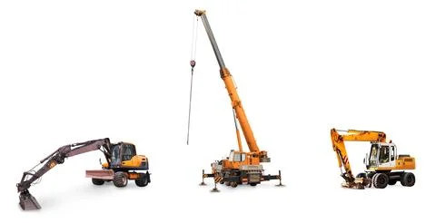 Collage of construction vehicles including a crane truck, wheeled excavator.. Stock Photos