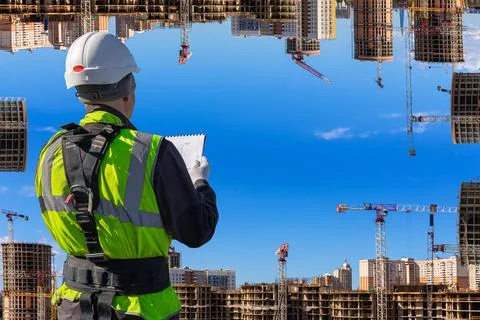 Collage of construction worker in helmet and uniform reads technical Stock Photos