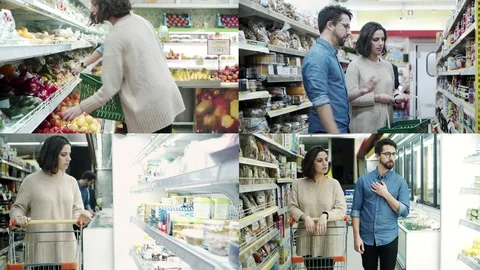 Collage of consumers choosing grocery items in grocery store Video stock 126899614