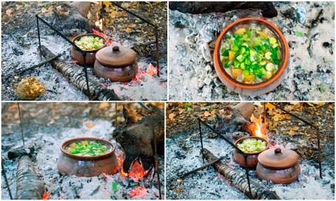 Collage - cooking in pots Stock Photos