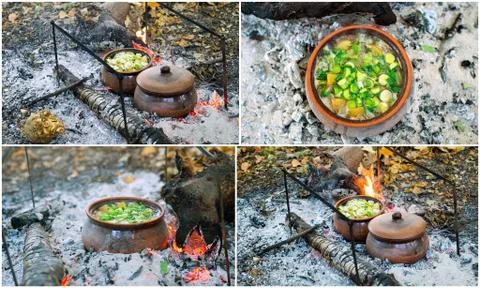 Collage - cooking in pots Stock Photos