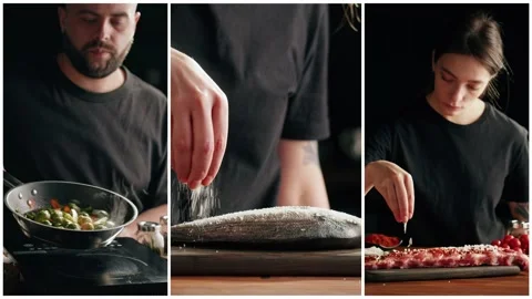 Collage of cooking on professional kitchen, Chef frying ribs with flambe Stock Footage 232418179
