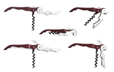 Collage with corkscrew (sommelier knife) on white background Photos