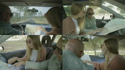Collage of couple on car tour, checking route with map, talking Vídeo Stock 107792954