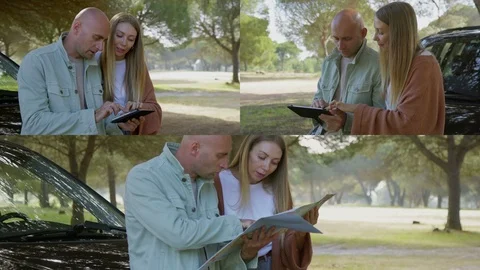 Collage of couple checking route on tablet and map Vídeo Stock 108177072