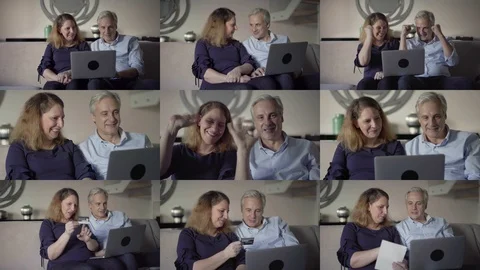 Collage of couple finding goods, celebrating, paying online Stock Footage 110499701