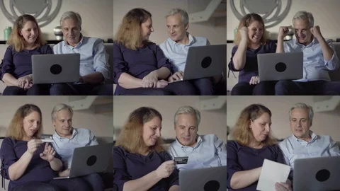 Collage of couple finding goods, celebrating, paying online Vídeo Stock 111346756