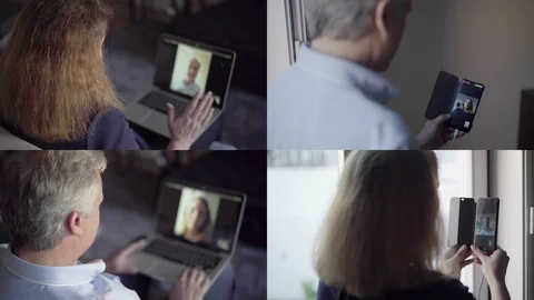 Collage of couple having video chat on phone and laptop Vídeo Stock 111345092
