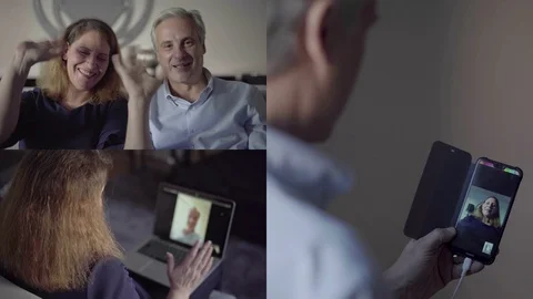 Collage of couple having video chat on phone and laptop Vídeo Stock 111345139