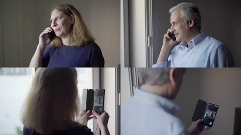 Collage of couple having video chat on phone and laptop Vídeo Stock 111345293