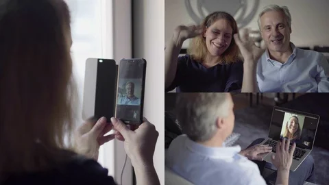 Collage of couple having video chat on phone and laptop Vídeo Stock 111345690