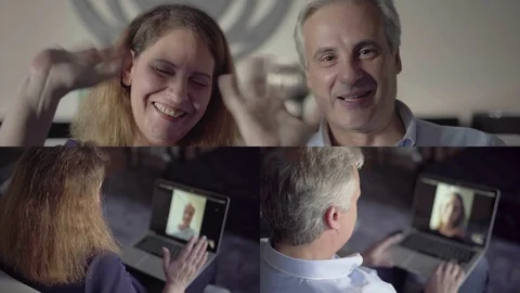 Collage of couple having video chat on laptop Vídeo Stock 111345774
