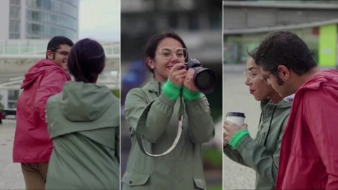 Collage of couple making photos, drinking takeaway coffee Vídeo Stock 104751589