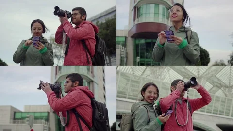 Collage of couple making tour, making photos on camera and phone Vídeo Stock 106751838