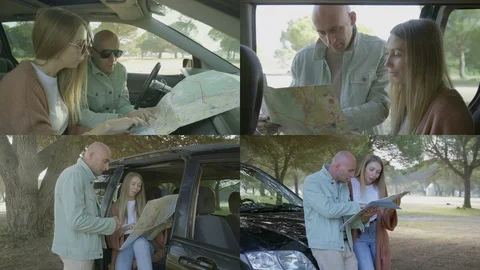 Collage of couple sitting car inside and on hood, checking route Vídeo Stock 107792917