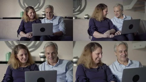 Collage of couple sitting on sofa, googling on laptop, talking Stock Footage 110499236