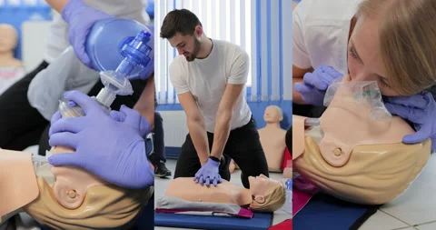 Collage of CPR training using and an AED and bag mask valve on an adult training Video stock 171151731