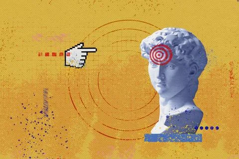 Collage creative finger cursor points to a target Stock Photos