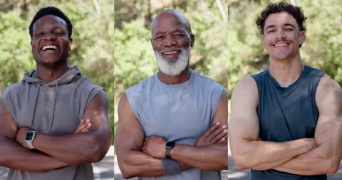 Collage, crossed arms and face of men with fitness in nature for health, Stock Footage 326877268